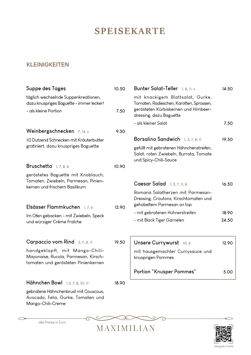 Bistro Maximilian -  Gastronomie - Menükarte