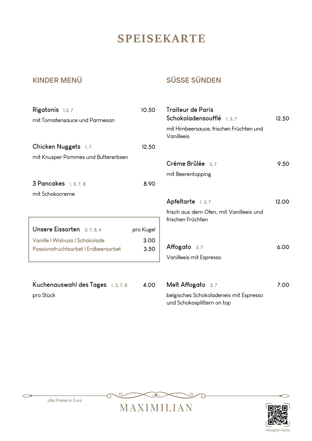 Bistro Maximilian -  Gastronomie - Menükarte