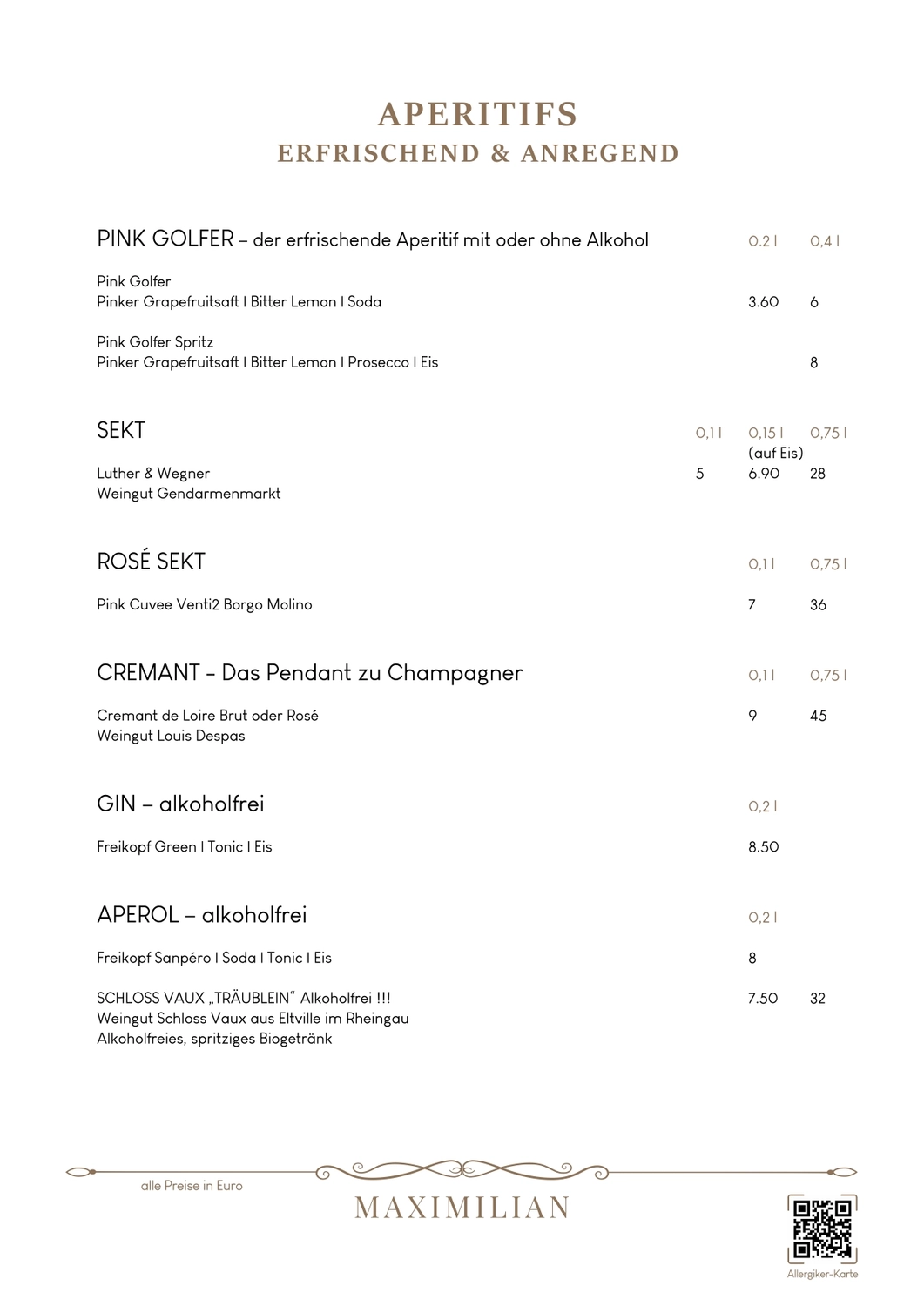 Bistro Maximilian -  Gastronomie - Menükarte