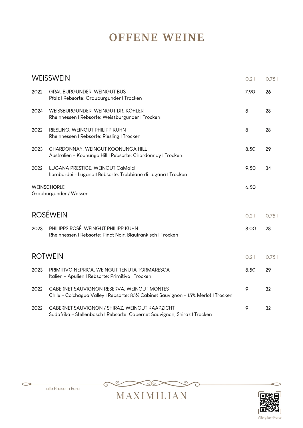 Bistro Maximilian -  Gastronomie - Menükarte