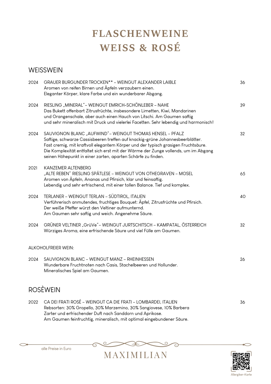 Bistro Maximilian -  Gastronomie - Menükarte