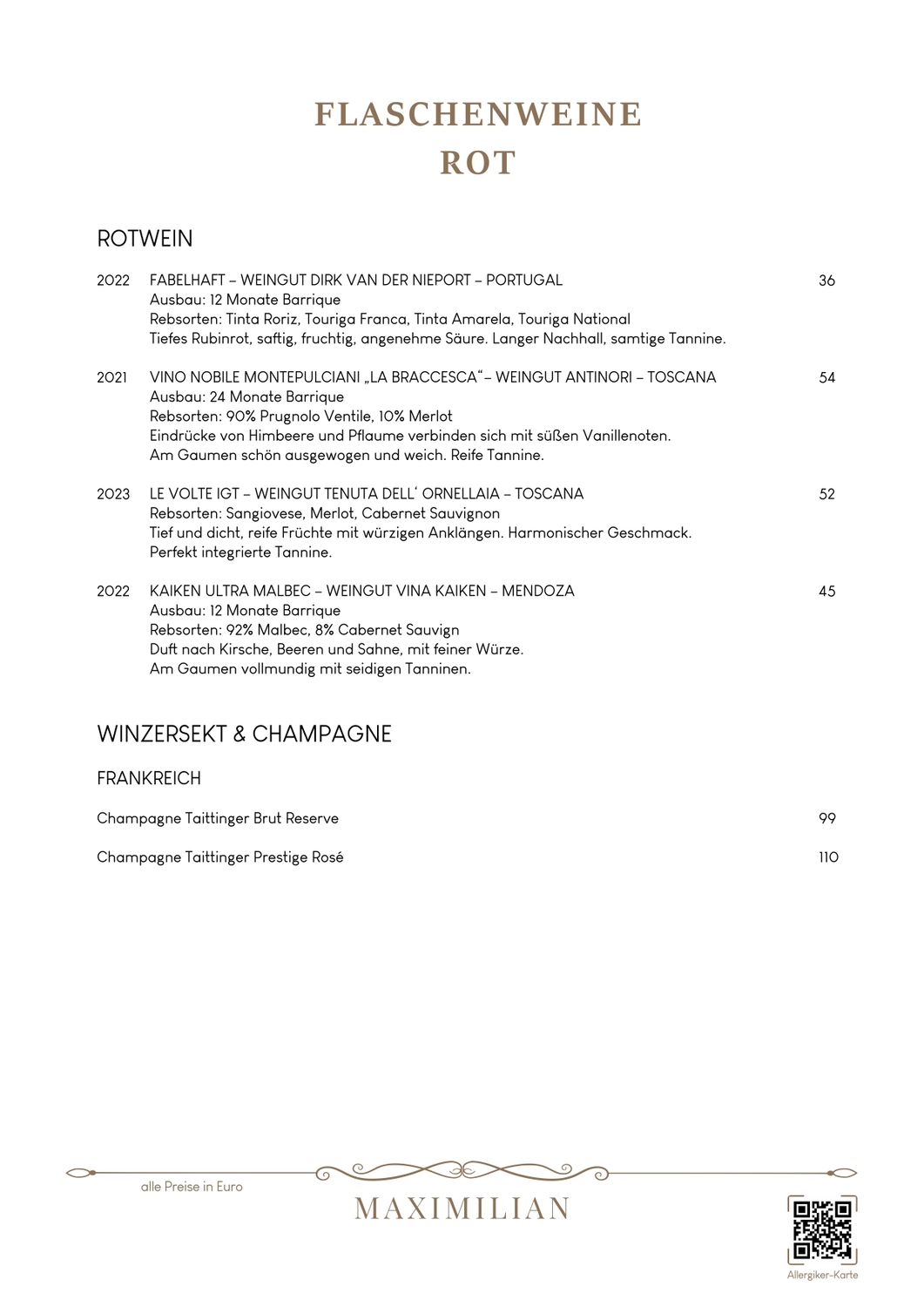 Bistro Maximilian -  Gastronomie - Menükarte