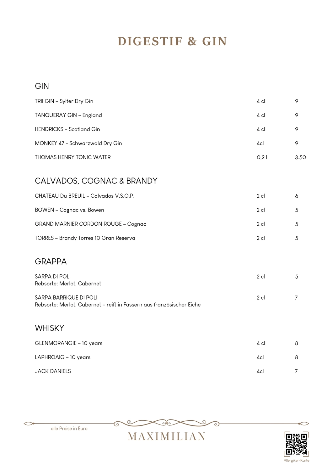 Bistro Maximilian -  Gastronomie - Menükarte