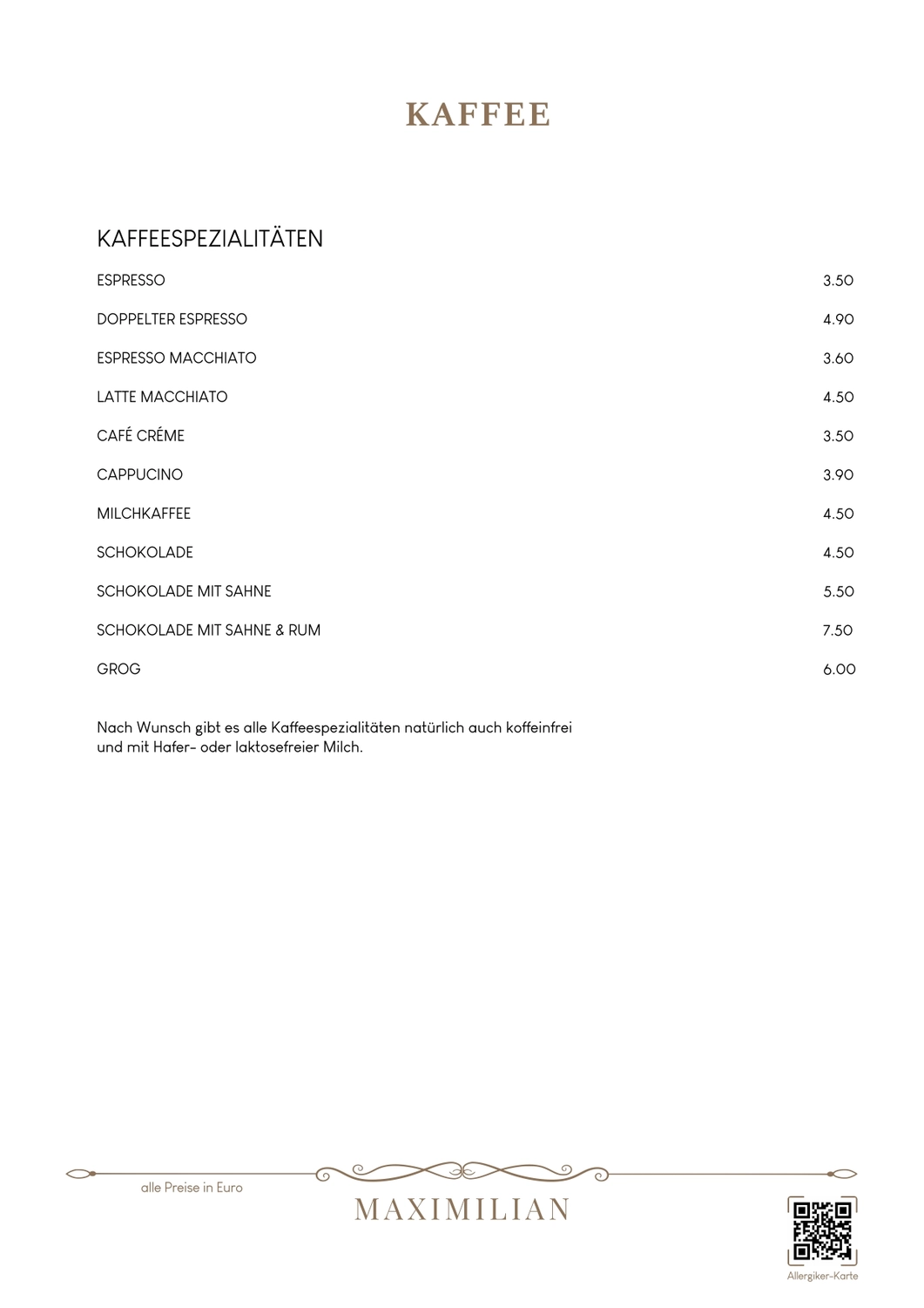 Bistro Maximilian -  Gastronomie - Menükarte