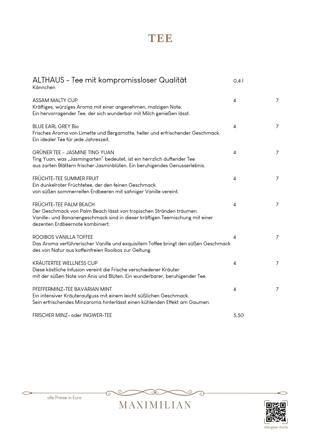 Bistro Maximilian -  Gastronomie - Menükarte