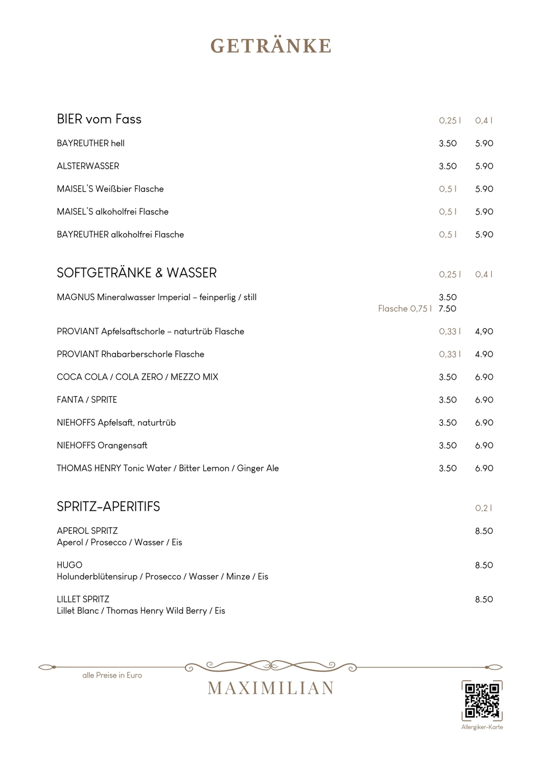 Bistro Maximilian -  Gastronomie - Menükarte