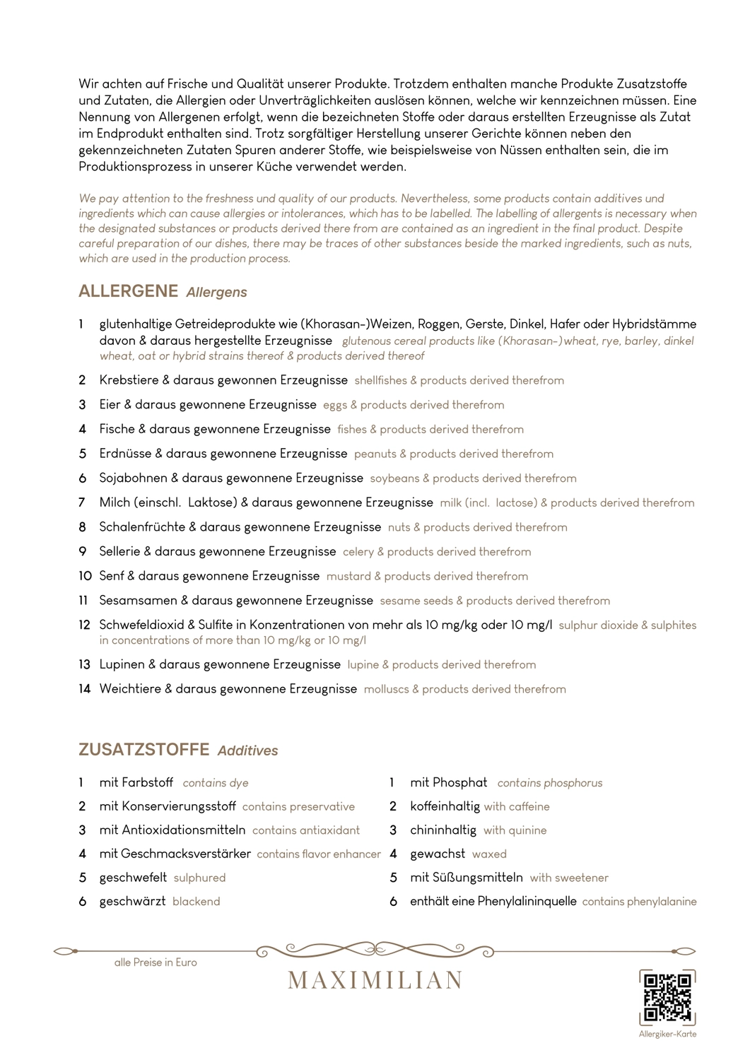 Bistro Maximilian -  Gastronomie - Menükarte