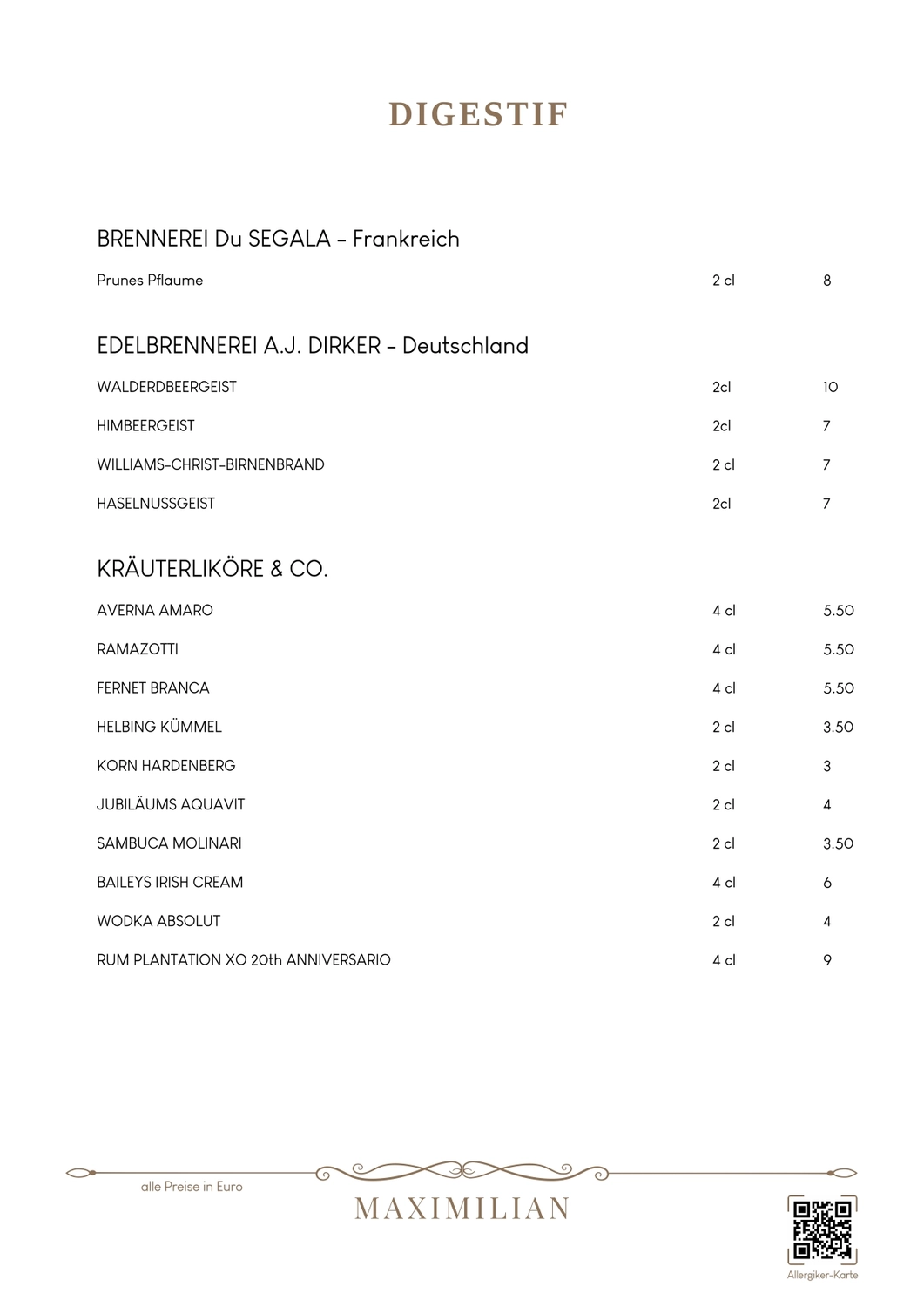 Bistro Maximilian -  Gastronomie - Menükarte