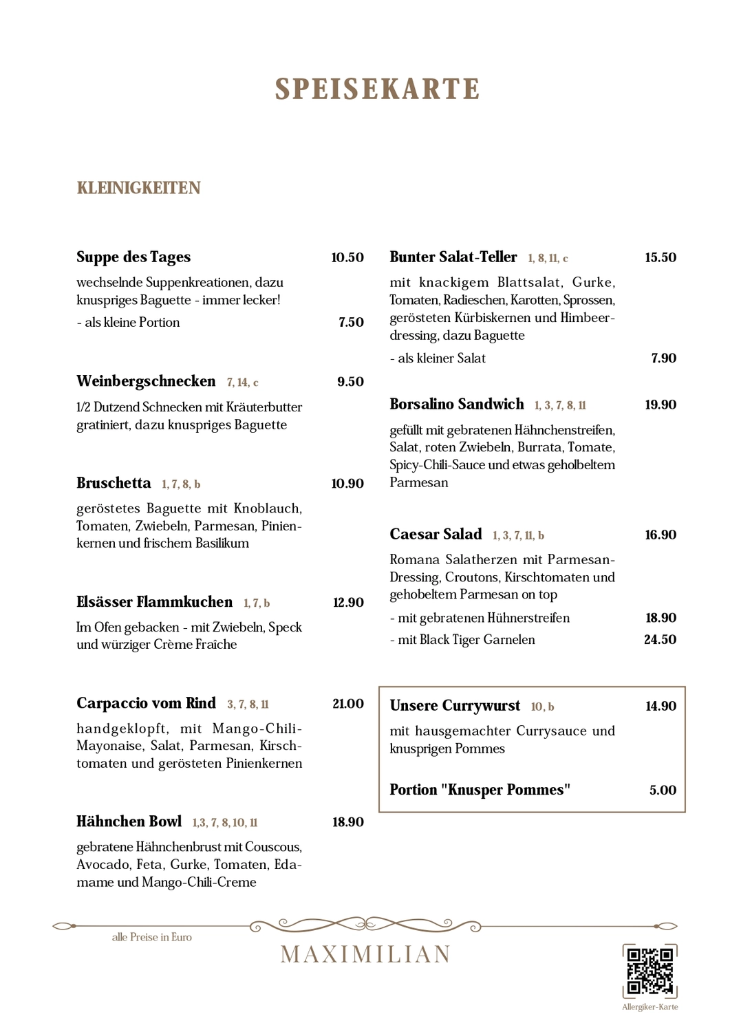 Bistro Maximilian -  Gastronomie - Menükarte