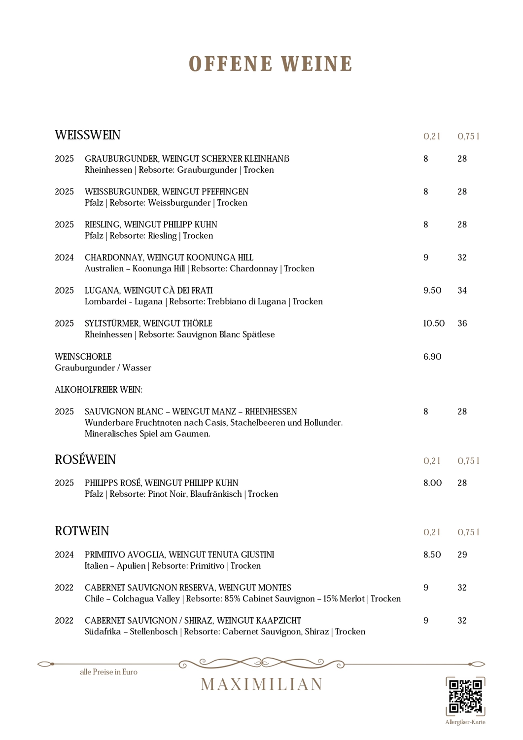 Bistro Maximilian -  Gastronomie - Menükarte