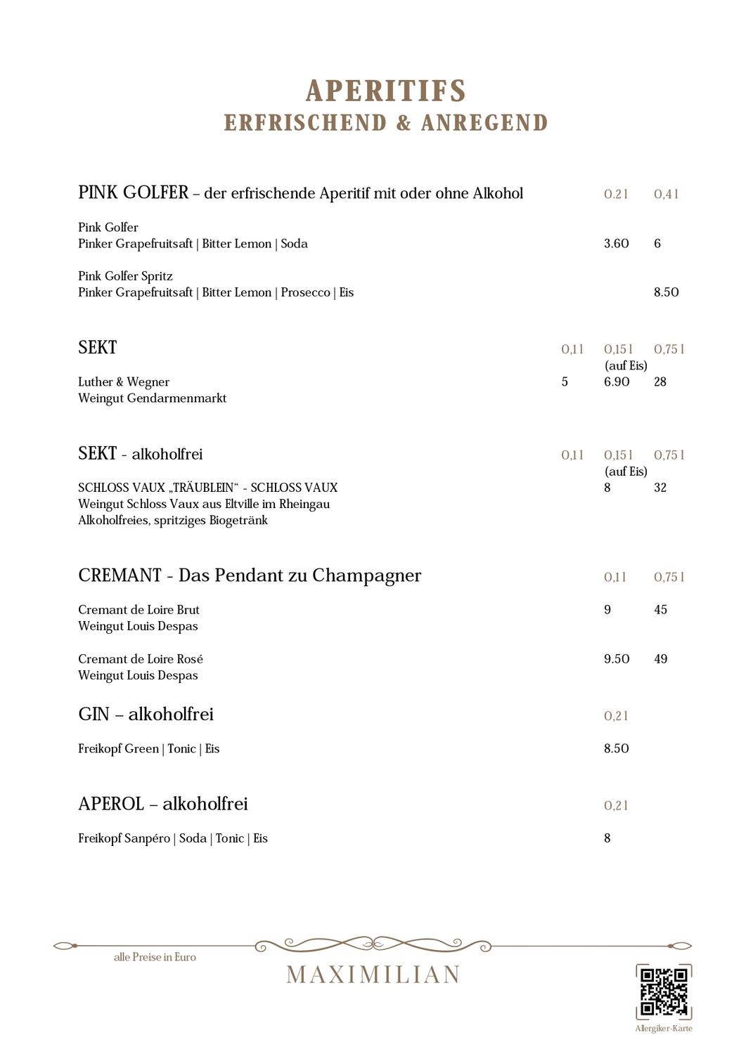 Bistro Maximilian -  Gastronomie - Menükarte