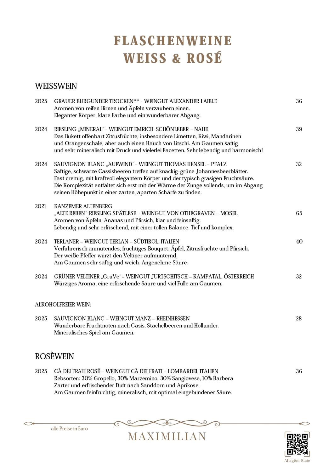 Bistro Maximilian -  Gastronomie - Menükarte