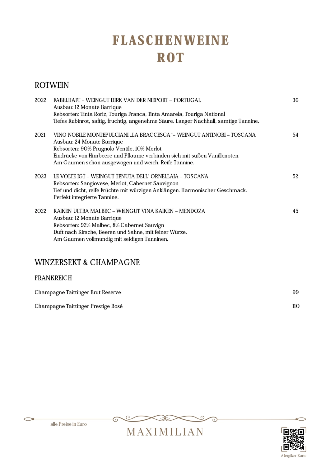 Bistro Maximilian -  Gastronomie - Menükarte