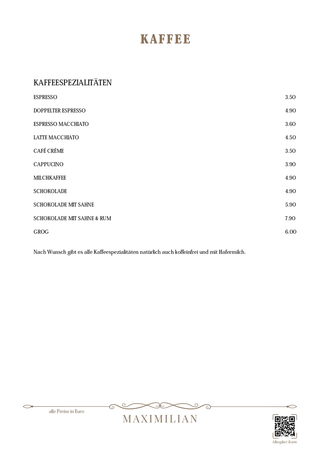 Bistro Maximilian -  Gastronomie - Menükarte