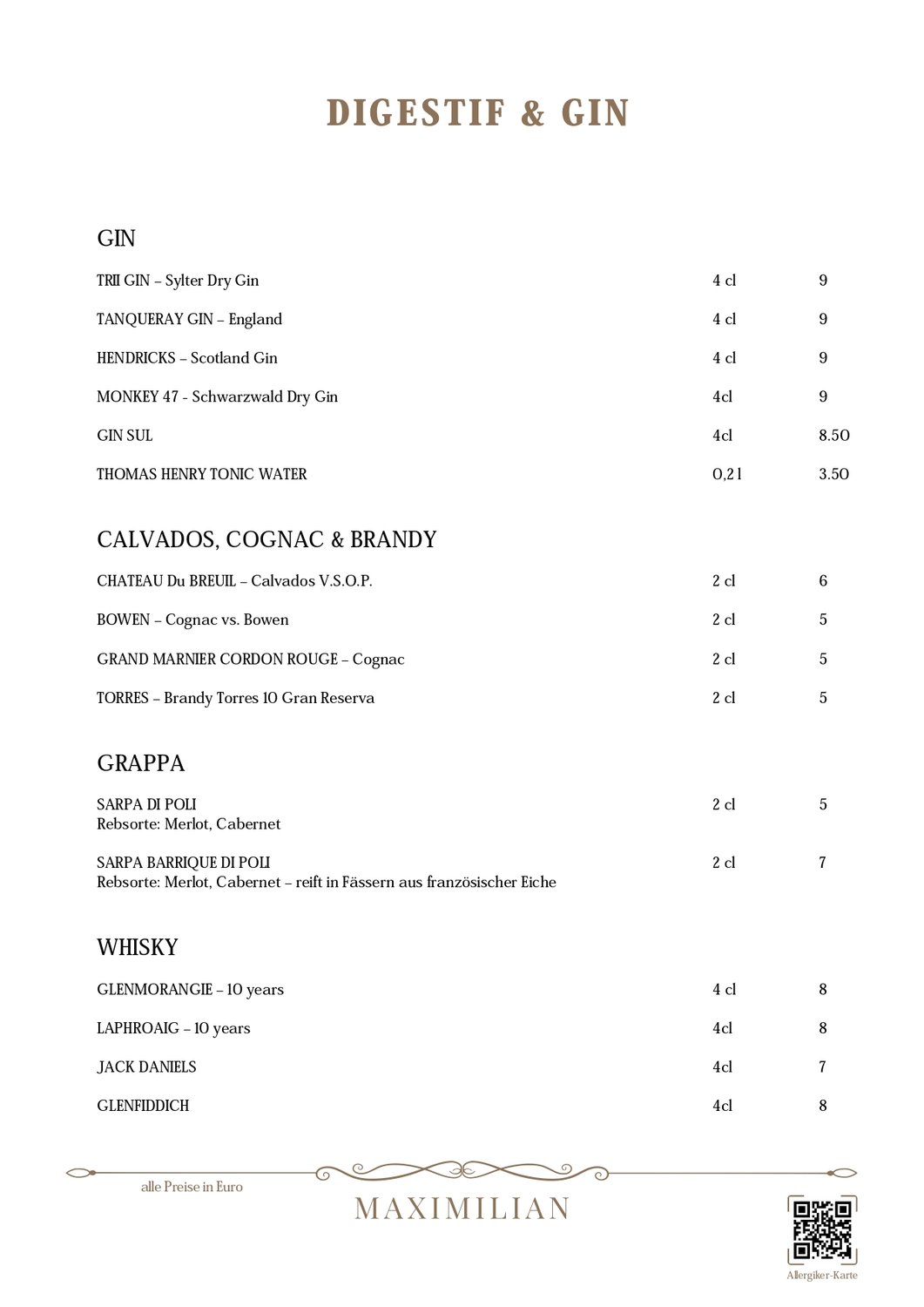 Bistro Maximilian -  Gastronomie - Menükarte